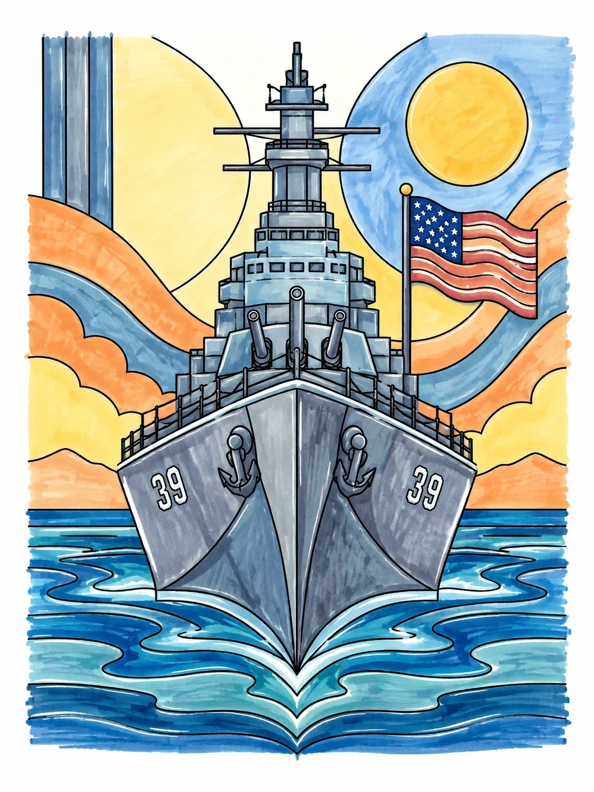 Colored example of the Uss Arizona Battleship Bow View coloring page