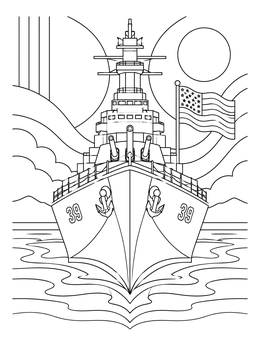 Detailed USS Arizona coloring page showing the battleship bow with an American flag and stylized water waves.