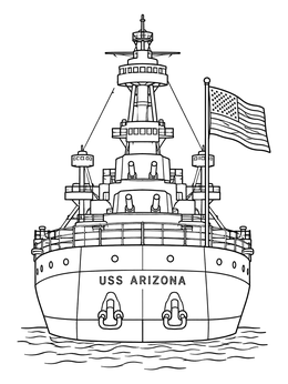 A detailed USS Arizona coloring page showing the stern, observation tower, and American flag.