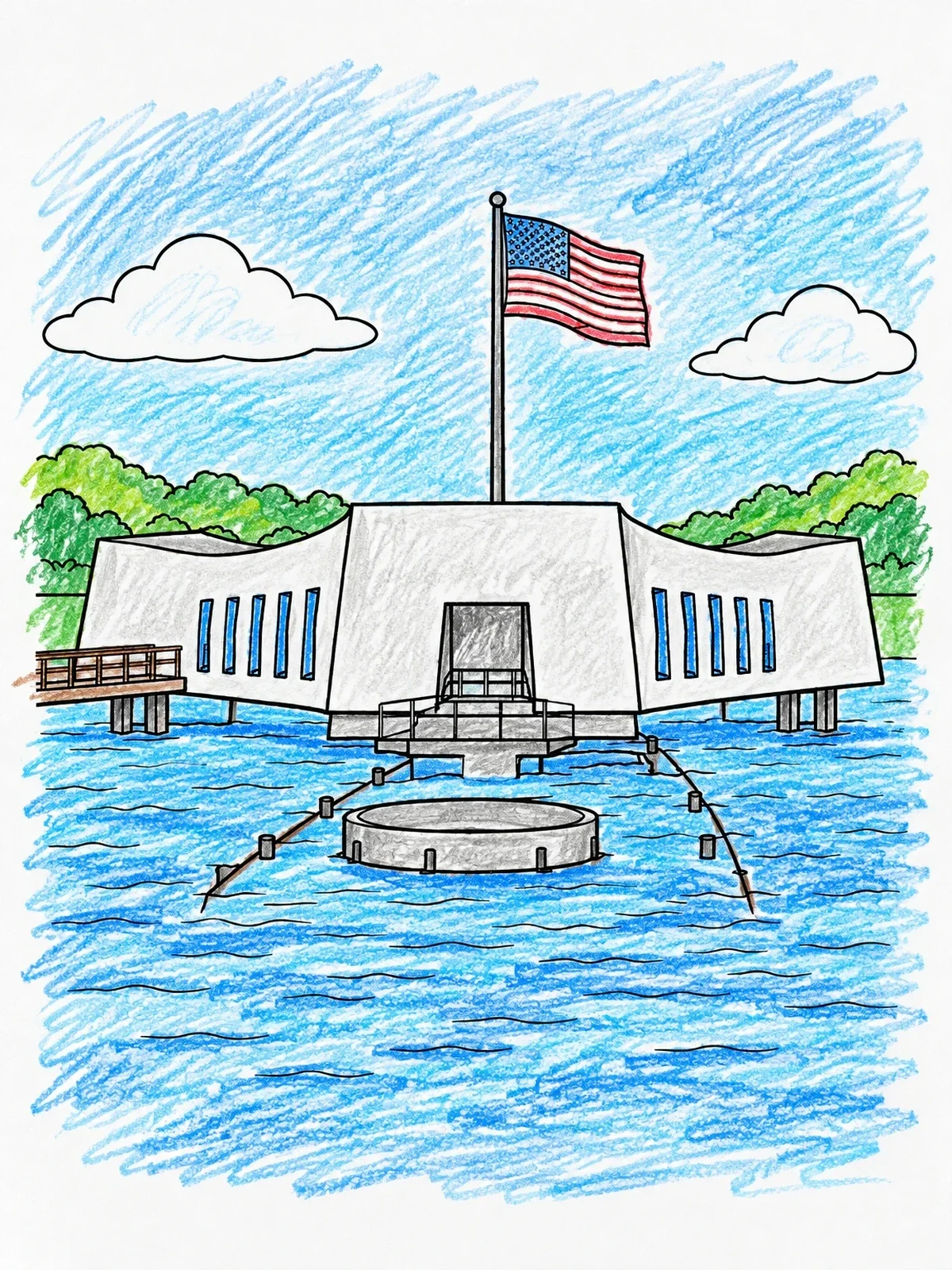 Colored example of the Uss Arizona Memorial In Pearl Harbor coloring page
