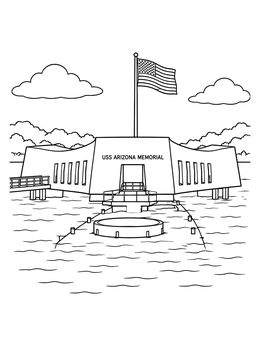 A detailed USS Arizona coloring page featuring the memorial structure above the water.