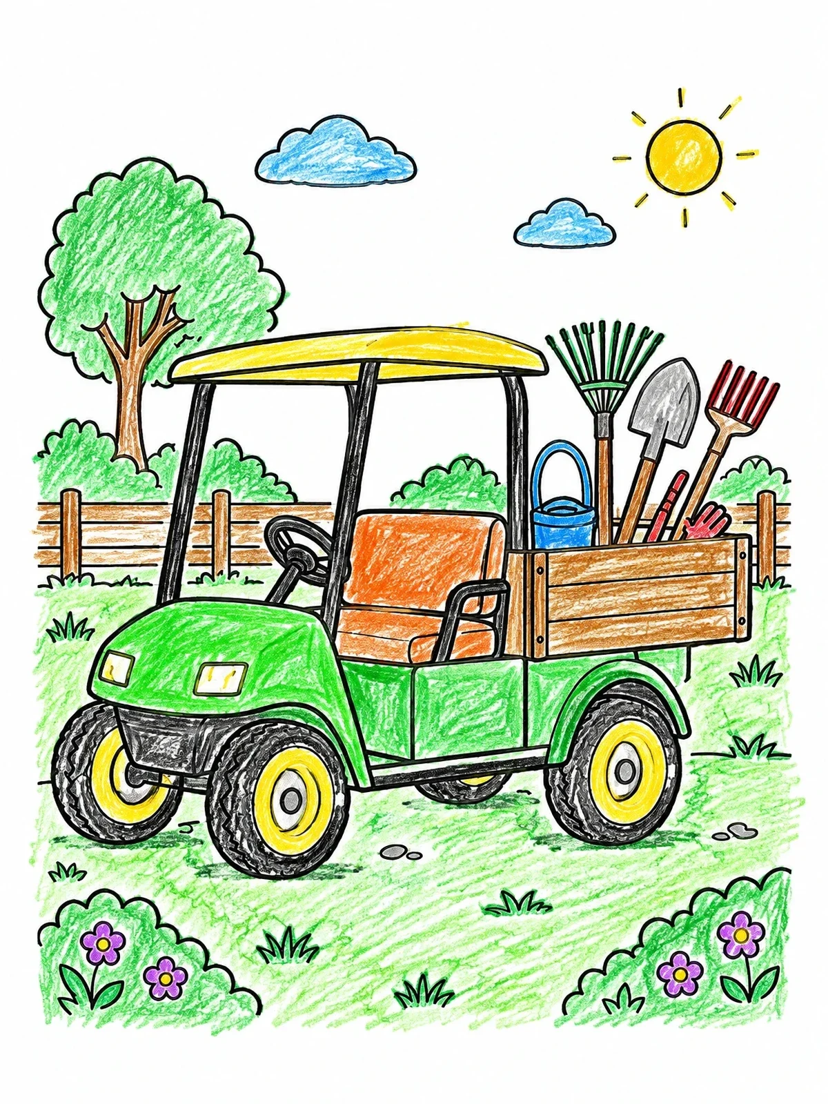 Colored example of the Utility Golf Cart With Tools coloring page