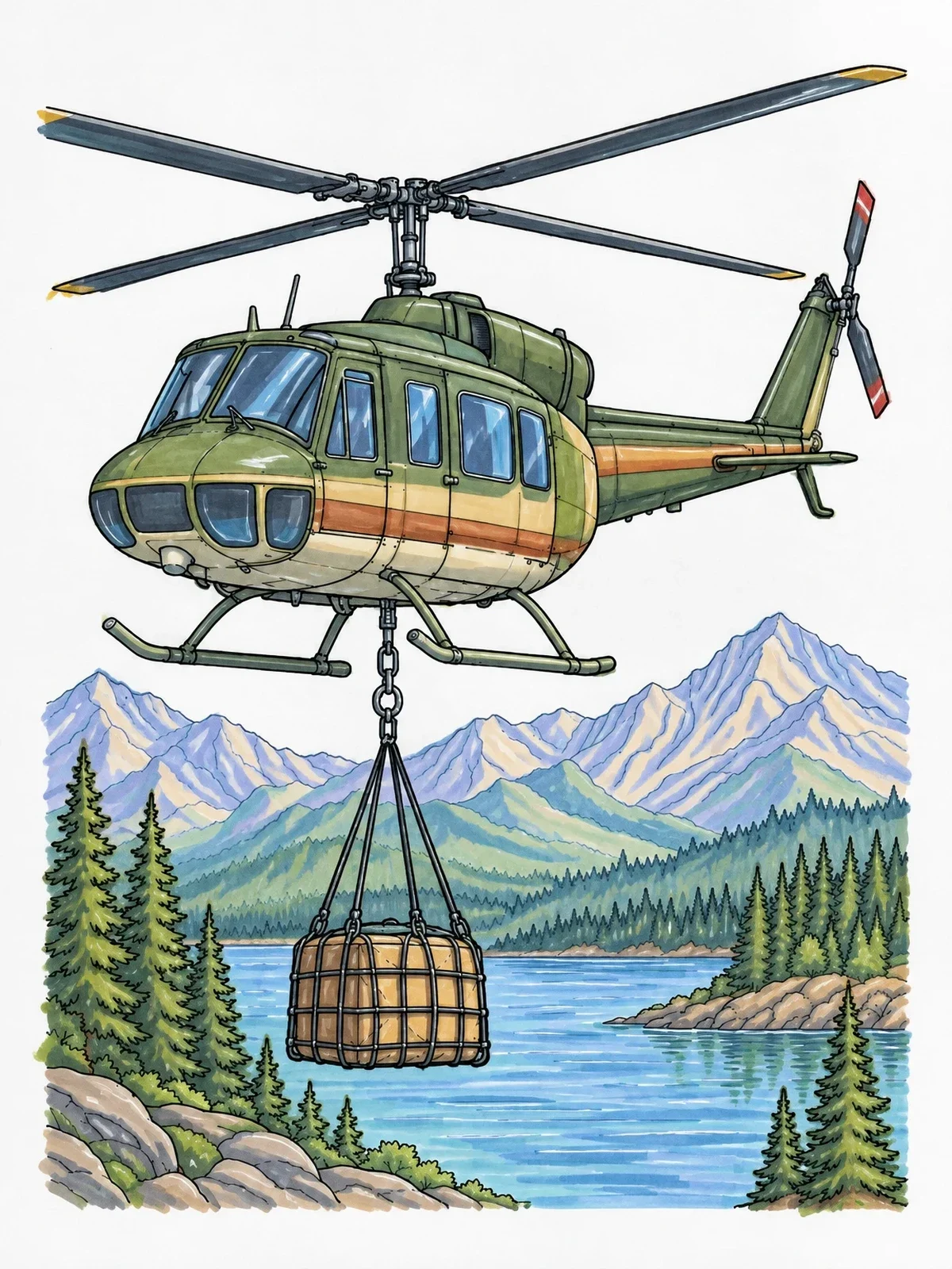 Colored example of the Utility Helicopter Carrying Mountain Cargo coloring page
