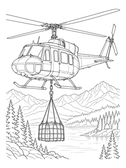 A realistic helicopter coloring page showing an aircraft carrying a cargo load over mountain lakes and pine trees.