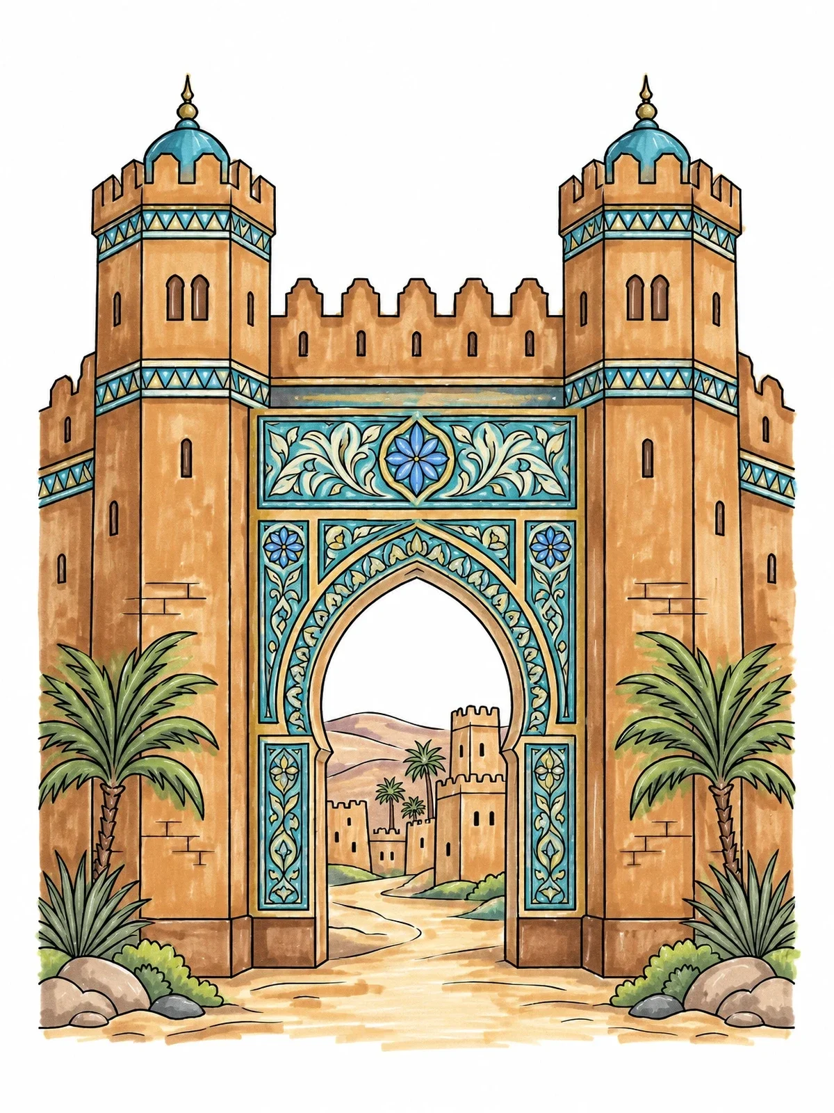 Colored example of the Ancient Silk Road Desert Fortress Gate coloring page