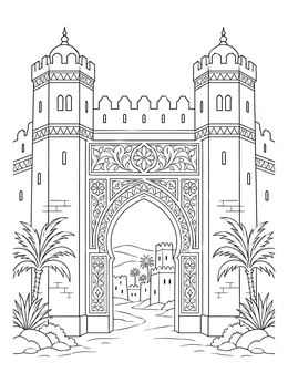 Free printable Ancient Silk Road Desert Fortress Gate coloring page