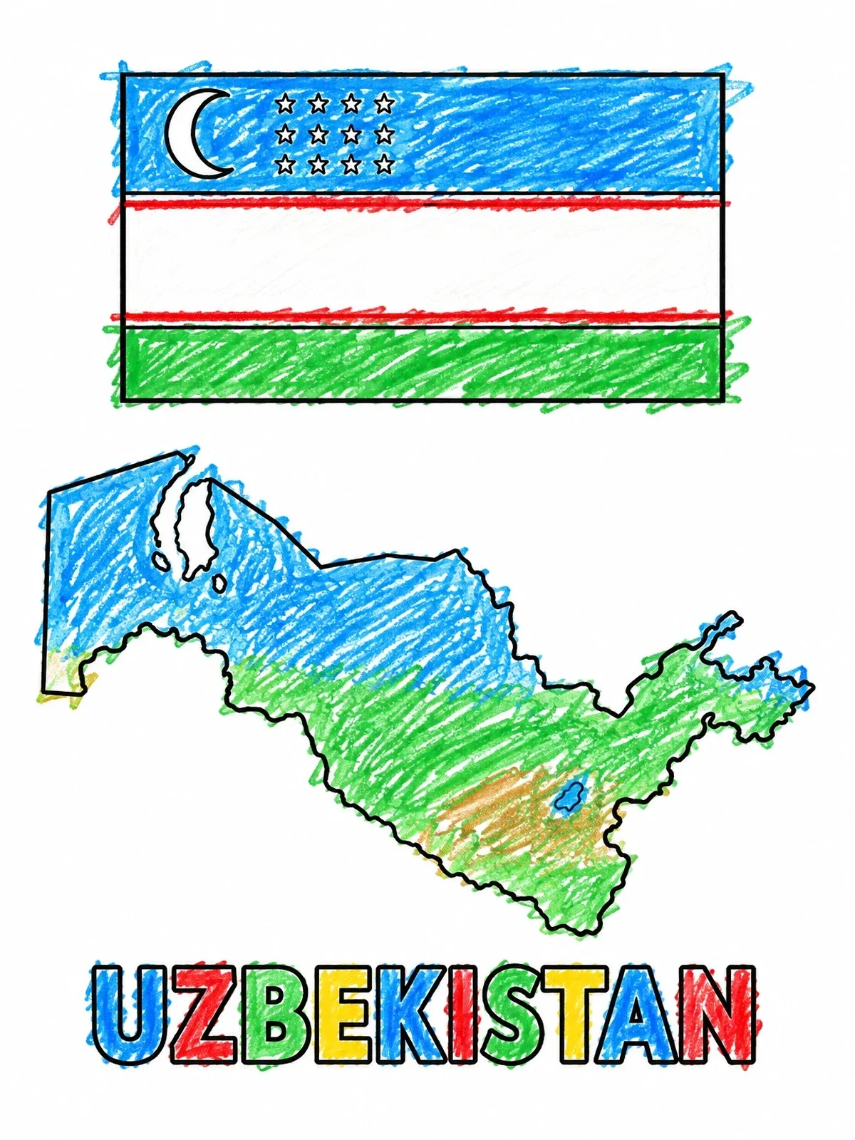 Colored example of the Uzbekistan Flag And Map Outline coloring page