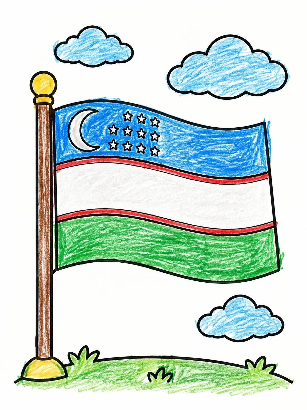 Colored example of the Uzbekistan Flag On A Pole coloring page