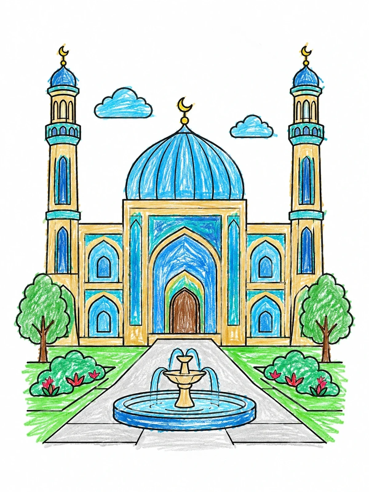 Colored example of the Grand Madrasah With Garden Fountain coloring page
