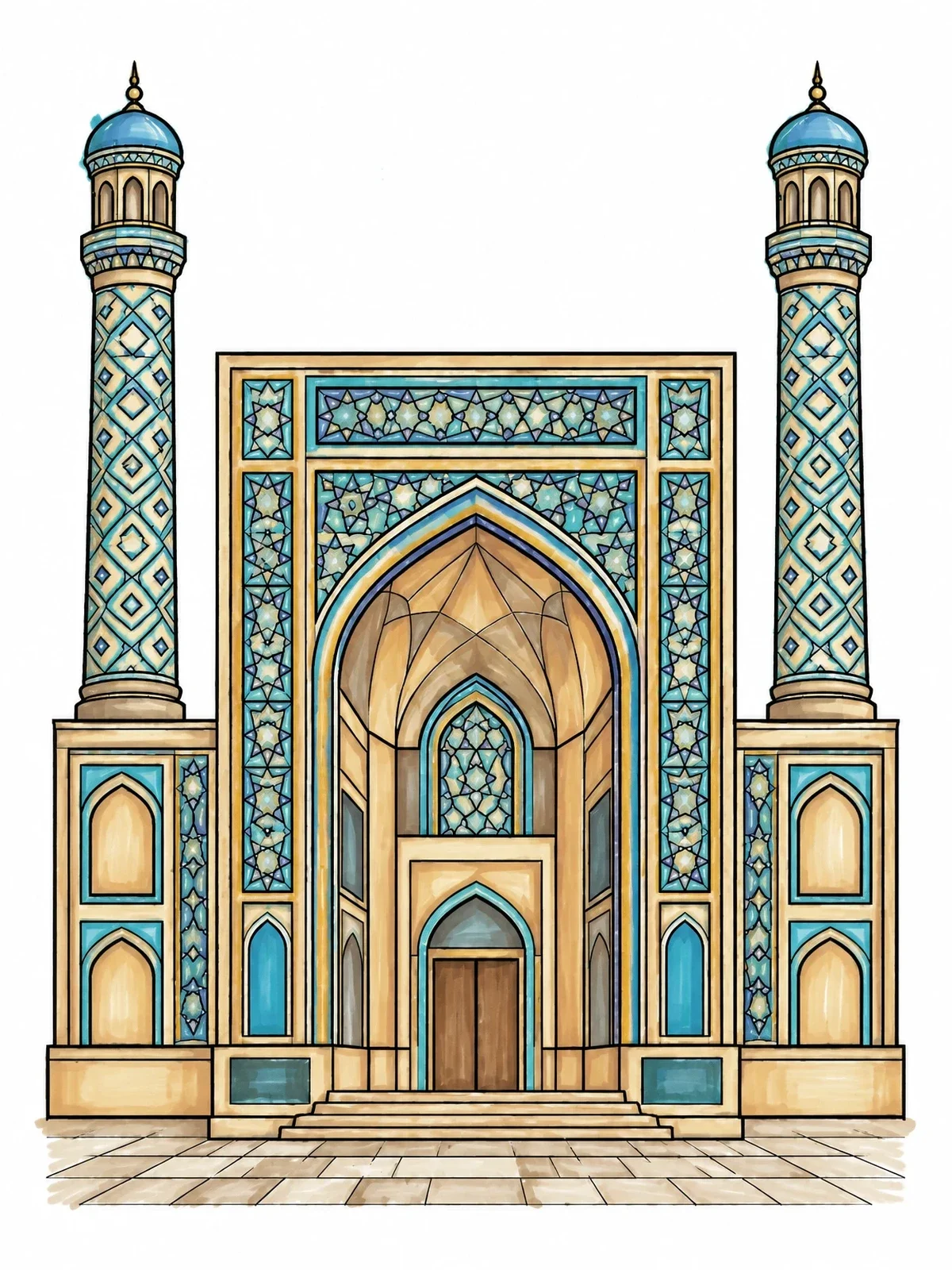 Colored example of the Historic Uzbek Madrasah Portal And Minarets coloring page