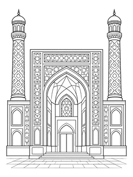 Free printable Historic Uzbek Madrasah Portal And Minarets coloring page