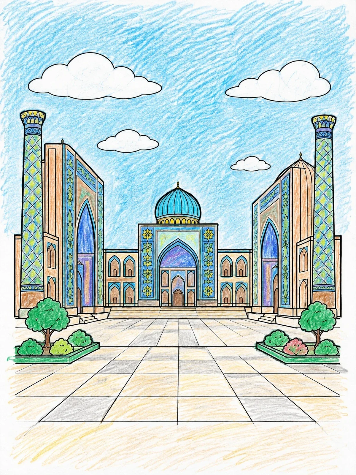 Colored example of the Historic Registan Square In Samarkand coloring page