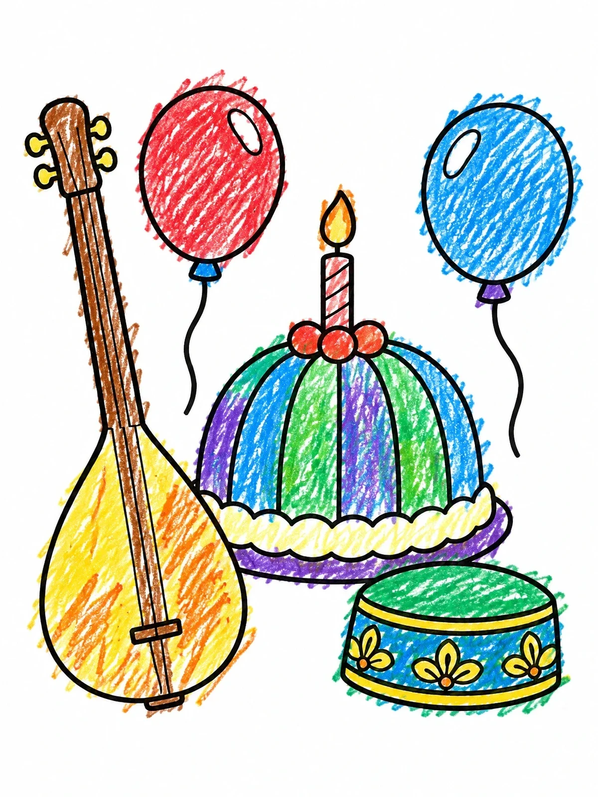 Colored example of the Uzbek Celebration With Dutar And Cake coloring page