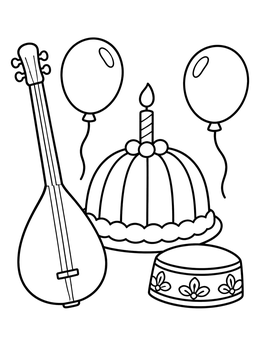 Free printable Uzbek Celebration With Dutar And Cake coloring page