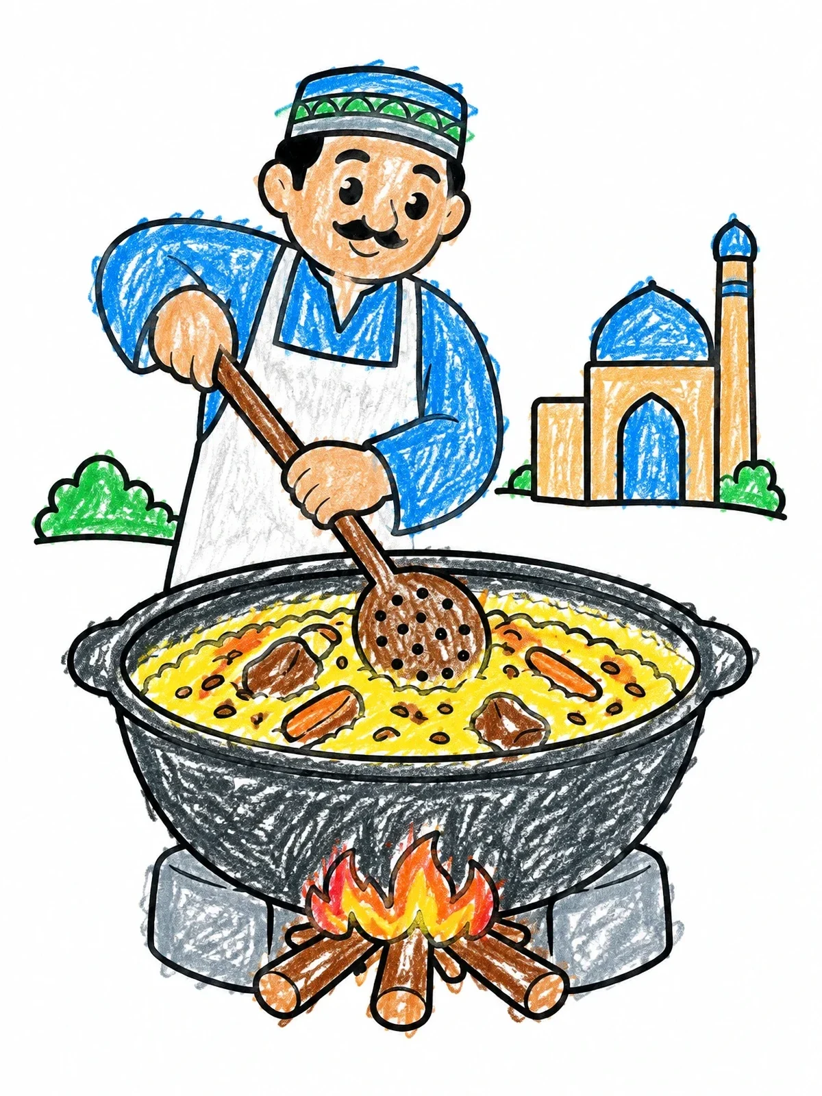 Colored example of the Uzbek Chef Cooking Plov In Kazan coloring page
