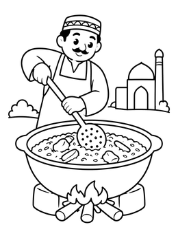 Free printable Uzbek Chef Cooking Plov In Kazan coloring page