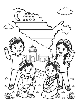 Free printable Uzbek Children With Flag And Map coloring page