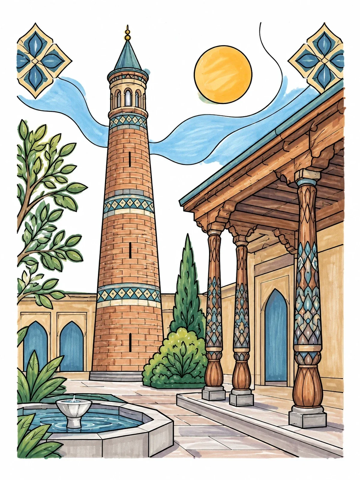 Colored example of the Uzbek Minaret And Courtyard Portico coloring page