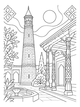 Free printable Uzbek Minaret And Courtyard Portico coloring page