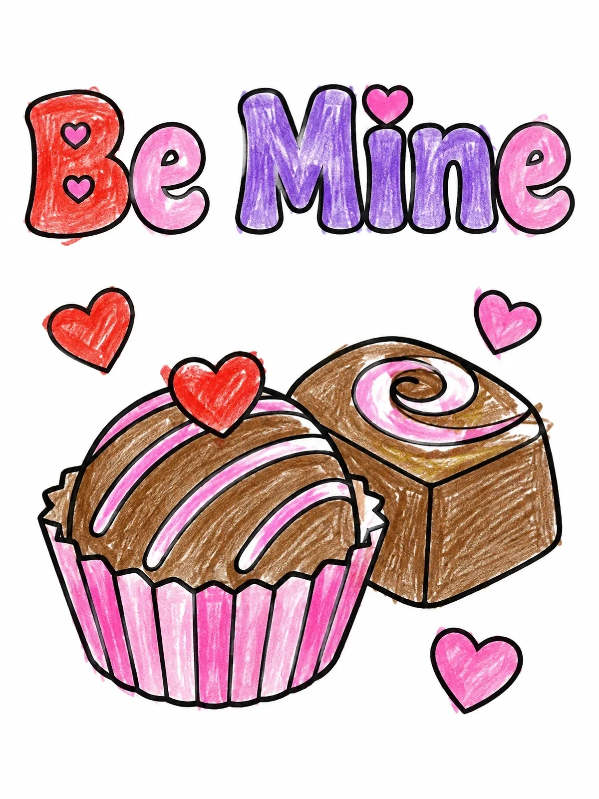 Colored example of the Be Mine Chocolate Truffles And Hearts coloring page
