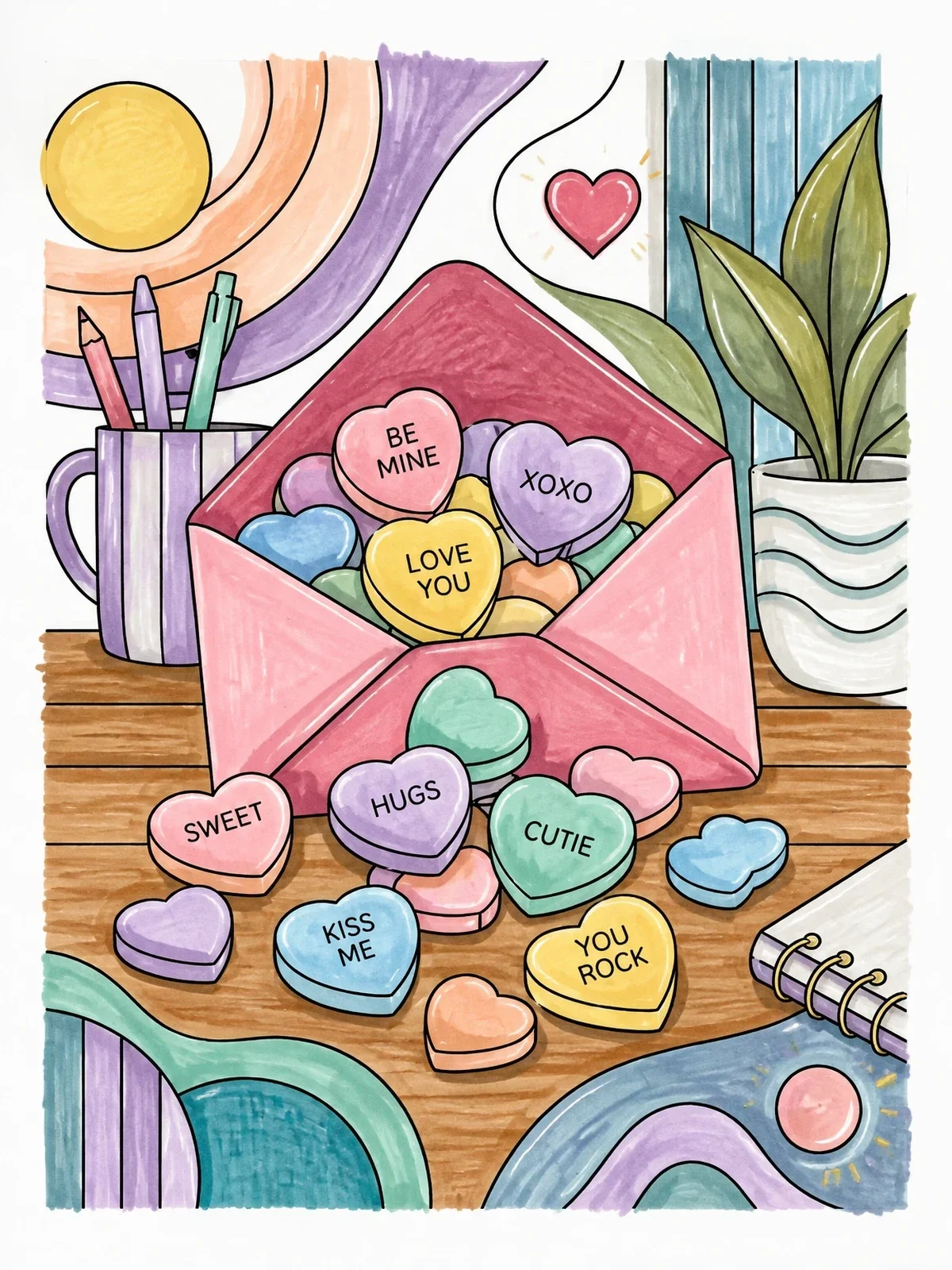 Colored example of the Conversation Hearts Spilling From Envelope coloring page
