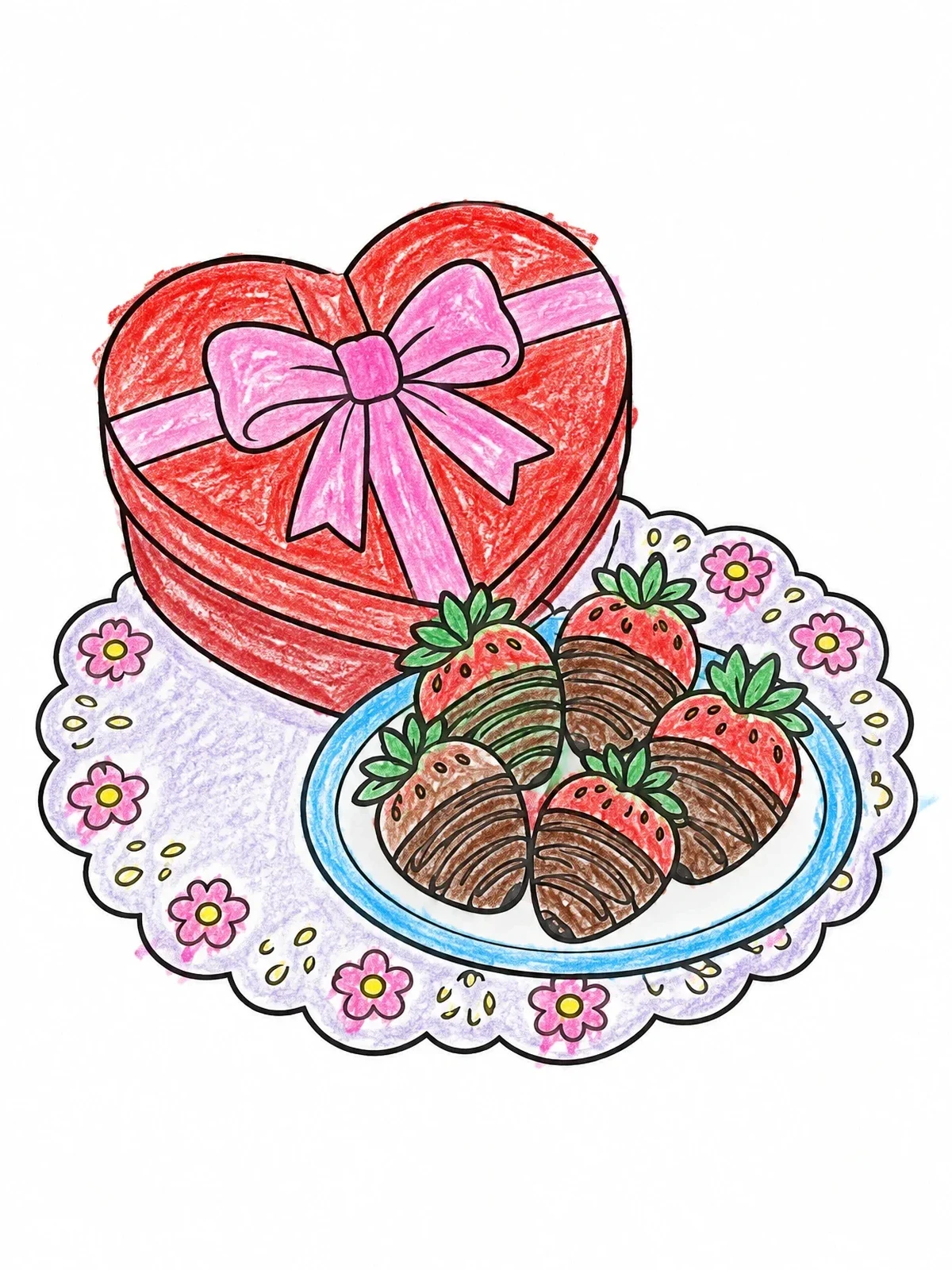 Colored example of the Heart Chocolate Box And Dipped Strawberries coloring page
