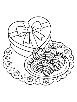 Free printable Heart Chocolate Box And Dipped Strawberries coloring page