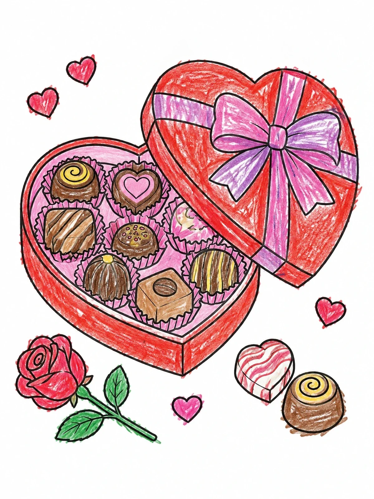 Colored example of the Heart Chocolate Box With Rose coloring page
