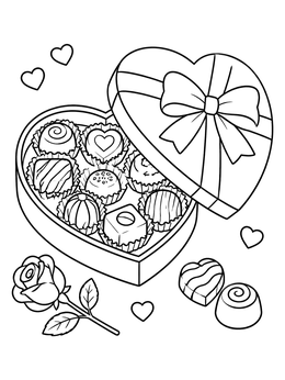 Free printable Heart Chocolate Box With Rose coloring page