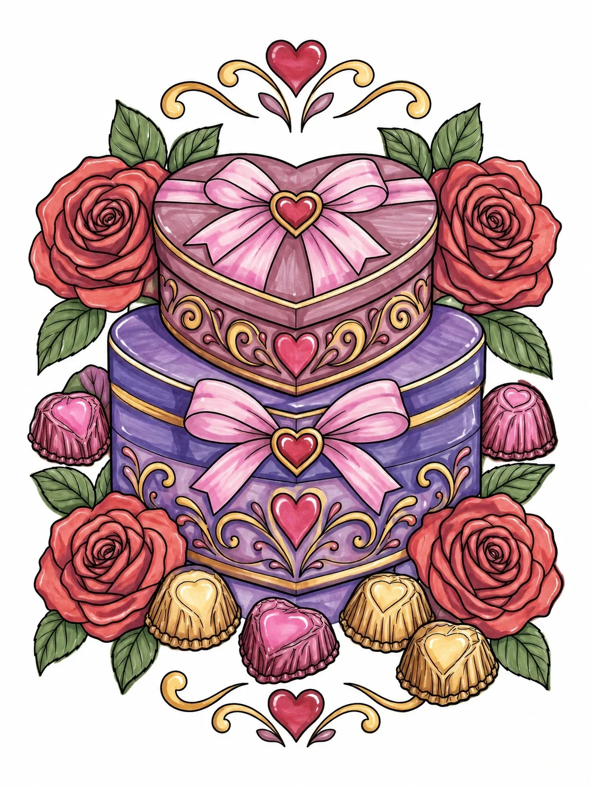 Colored example of the Heart Chocolate Boxes And Roses coloring page