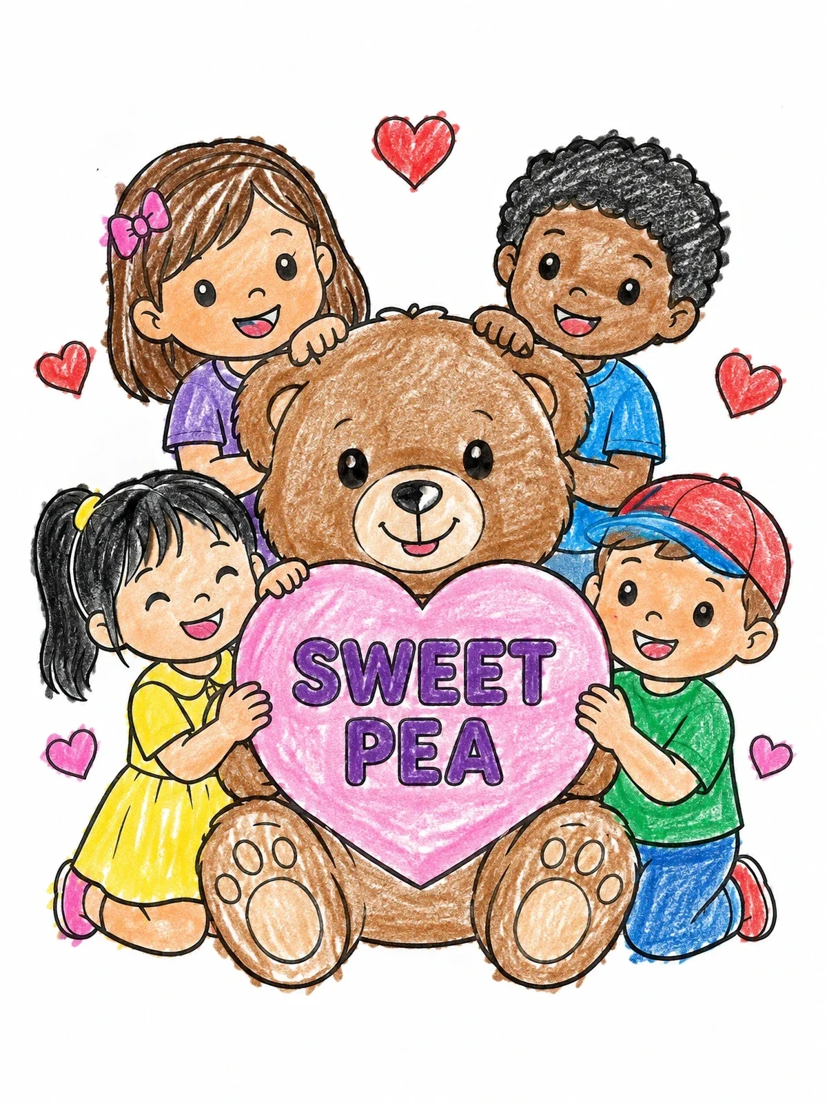 Colored example of the Teddy Bear And Kids Sweet Pea Heart coloring page
