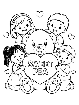 Free printable Teddy Bear And Kids Sweet Pea Heart coloring page