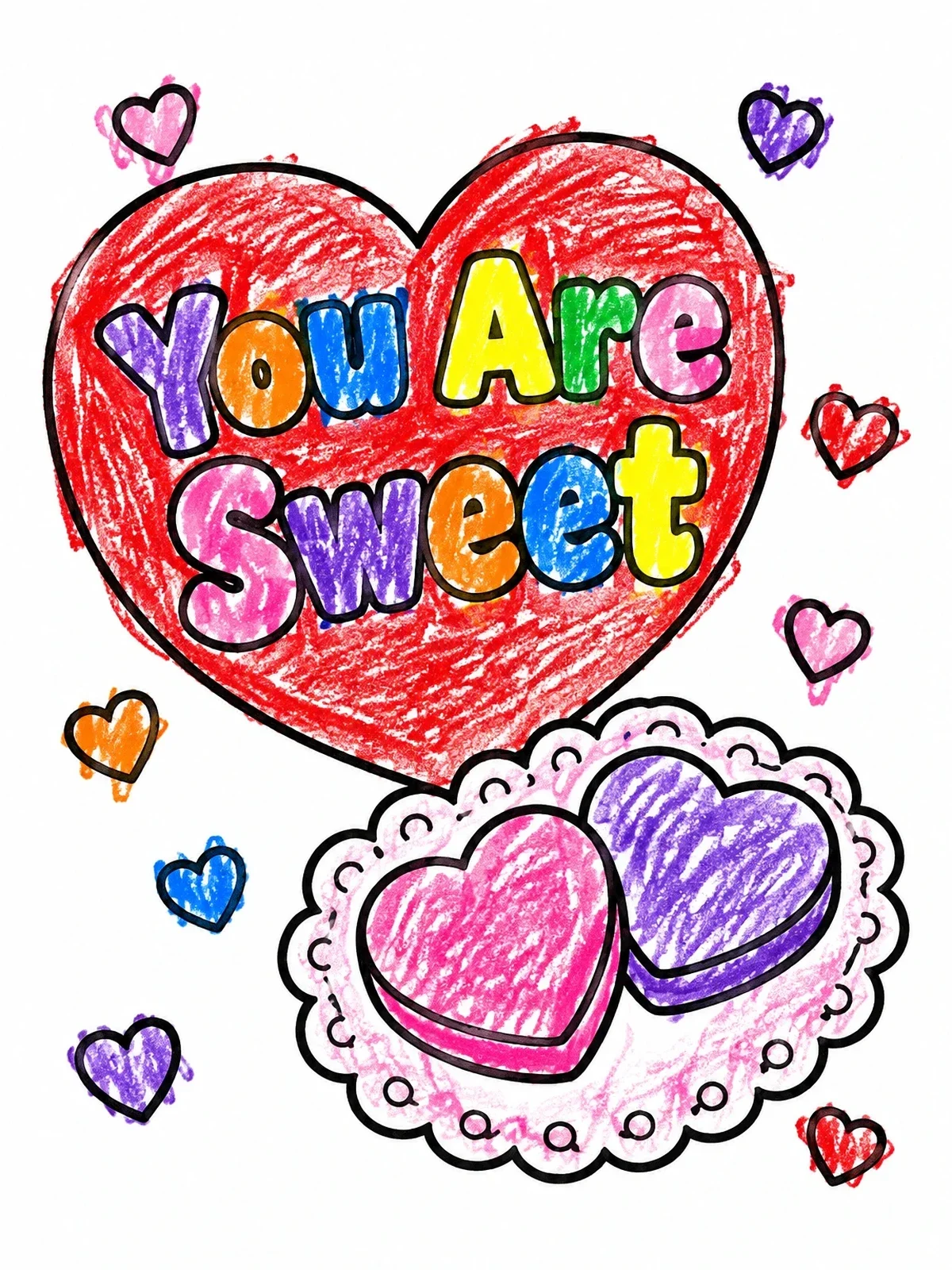 Colored example of the You Are Sweet Candy Hearts coloring page
