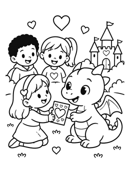 A girl gives a handmade heart card to a cute baby dragon on this dragon valentine coloring page.