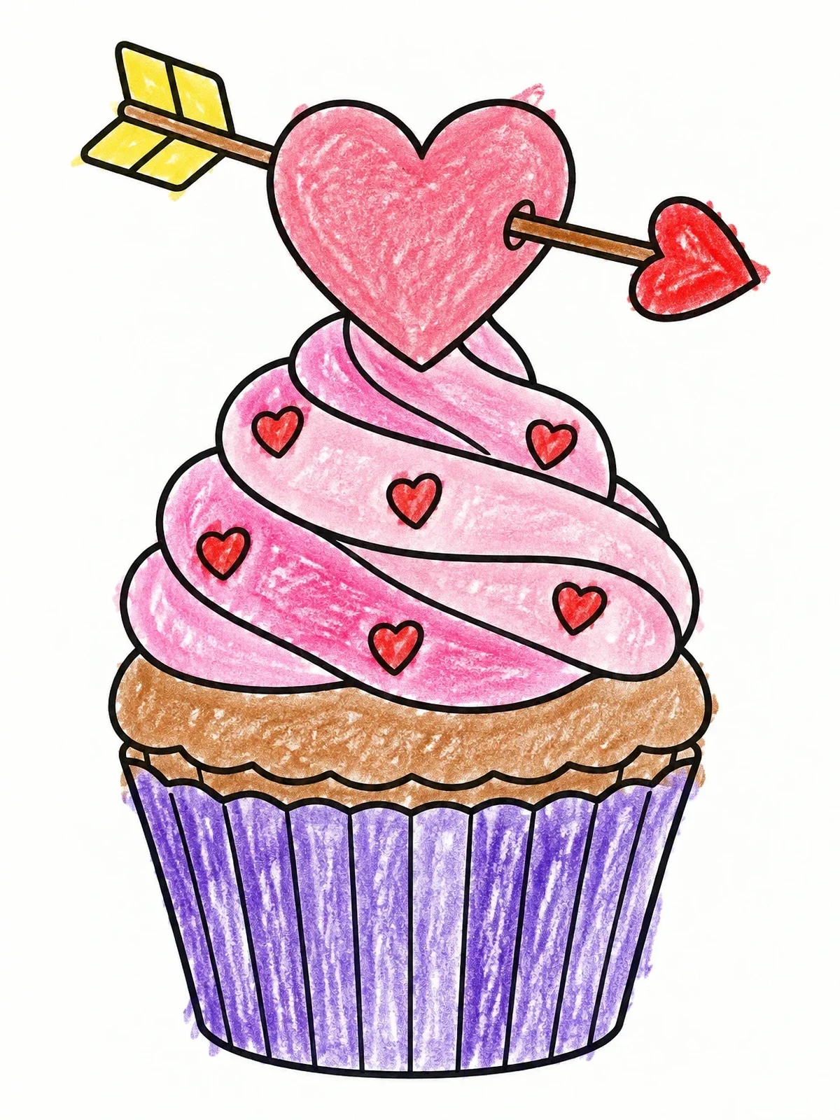 Colored example of the Valentine Cupcake With Arrow Heart coloring page