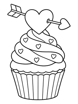 A sweet valentine cupcake coloring page topped with a pierced heart.