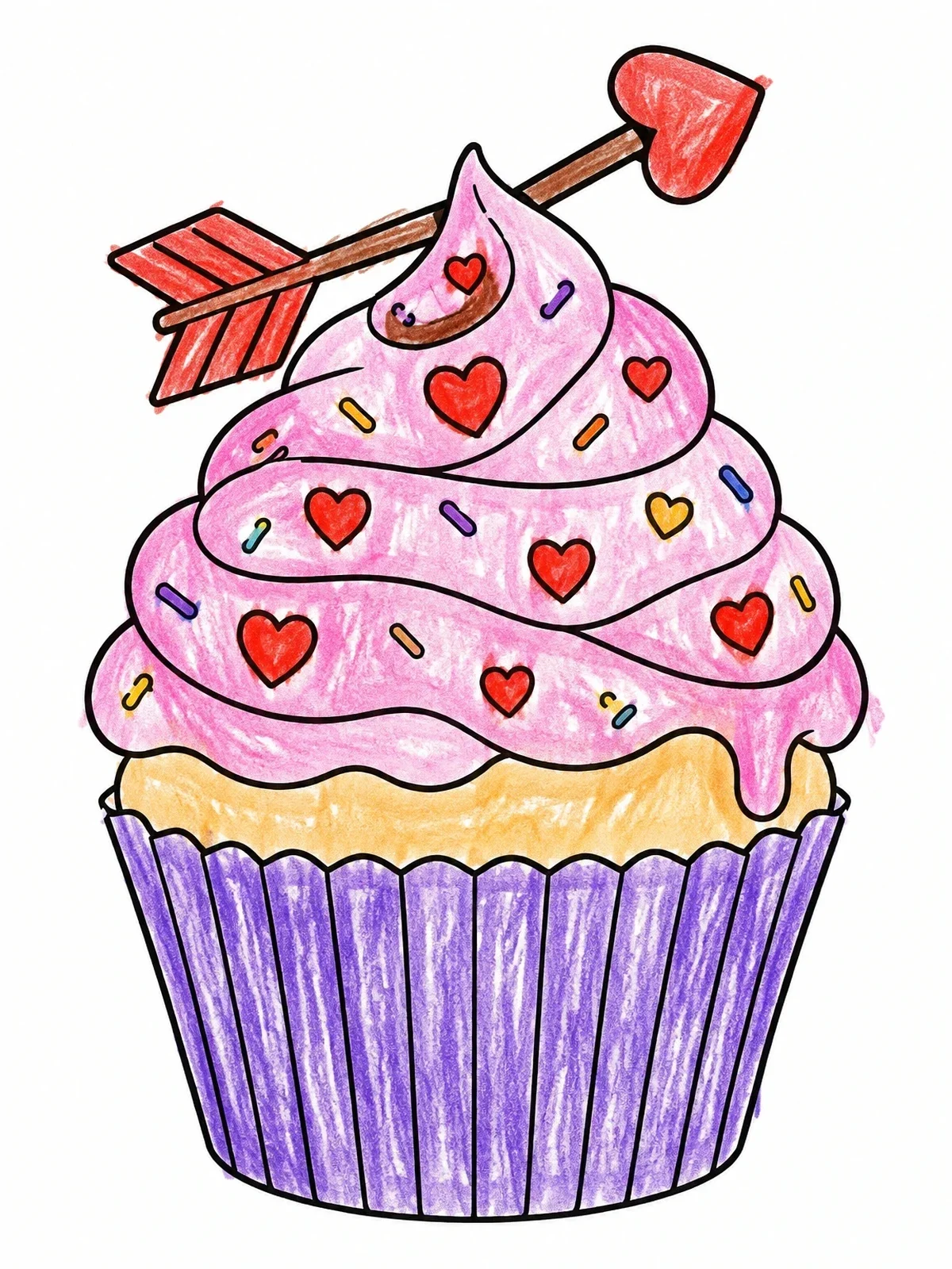 Colored example of the Valentine Cupcake With Cupid Arrow Topper coloring page