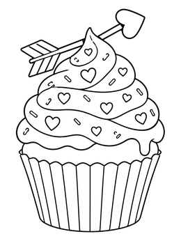 A valentine cupcake coloring page decorated with sprinkles, hearts, and a Cupid arrow topper.