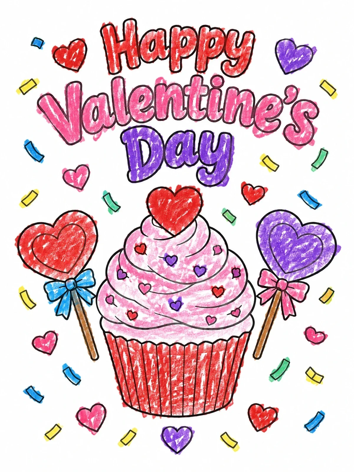 Colored example of the Valentine Cupcake With Sweet Heart Candies coloring page