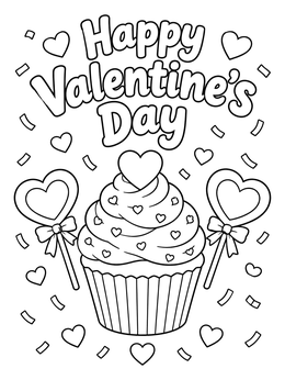 A festive valentine cupcake coloring page with heart lollipops and confetti.