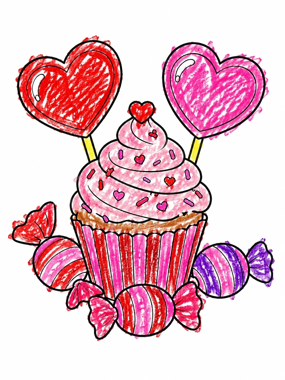 Colored example of the Valentine Cupcake With Sweet Candies coloring page