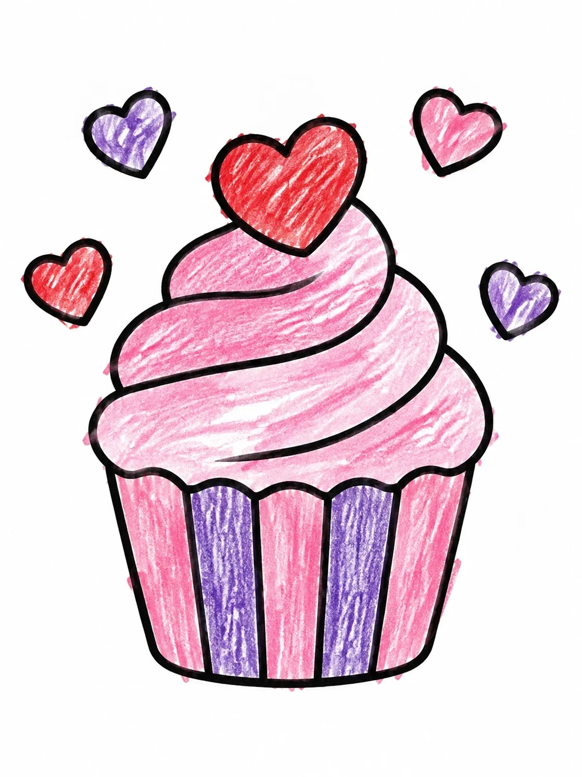 Colored example of the Valentine Heart Cupcake With Floating Hearts coloring page