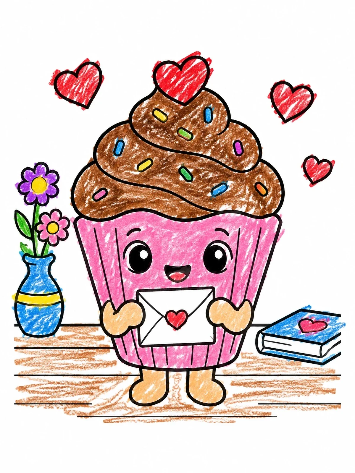 Colored example of the Sweet Cupcake With Love Letter coloring page