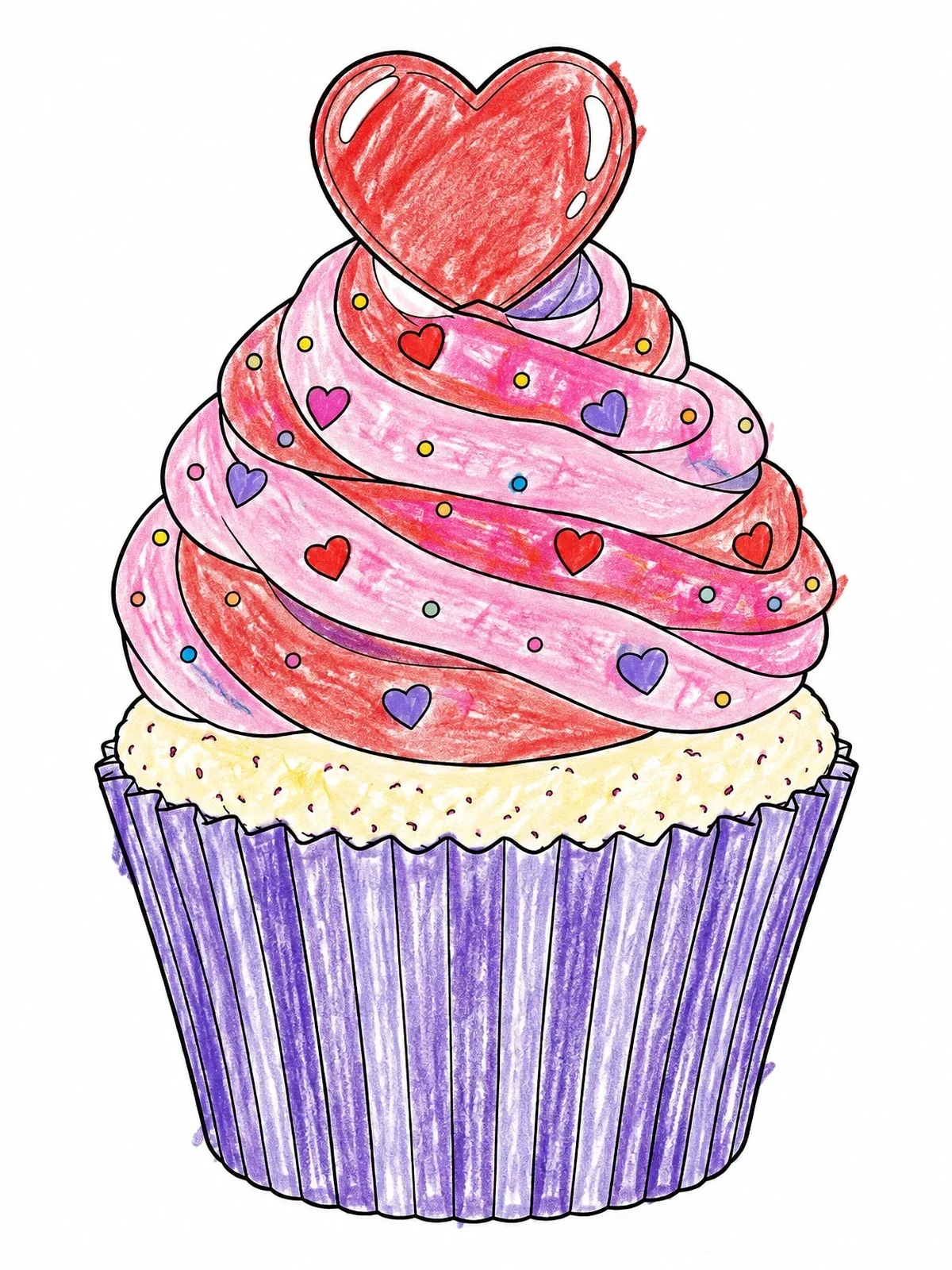 Colored example of the Valentine Cupcake With Swirled Frosting coloring page
