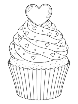 A sweet valentine cupcake coloring page topped with a big heart.