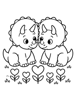 Free printable Cute Triceratops Pair With Heart Flowers coloring page