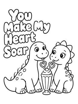 A cute valentine dinosaur coloring page with two dinos sharing a milkshake.
