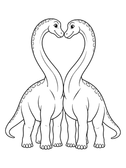 Two friendly sauropods form a heart with their long necks on this valentine dinosaur coloring page.