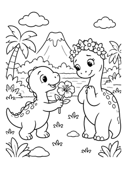 A cute valentine dinosaur coloring page featuring two friendly dinos with a flower and volcano.