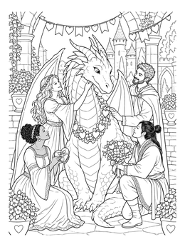 A friendly dragon valentine coloring page with people offering gifts in a castle courtyard.
